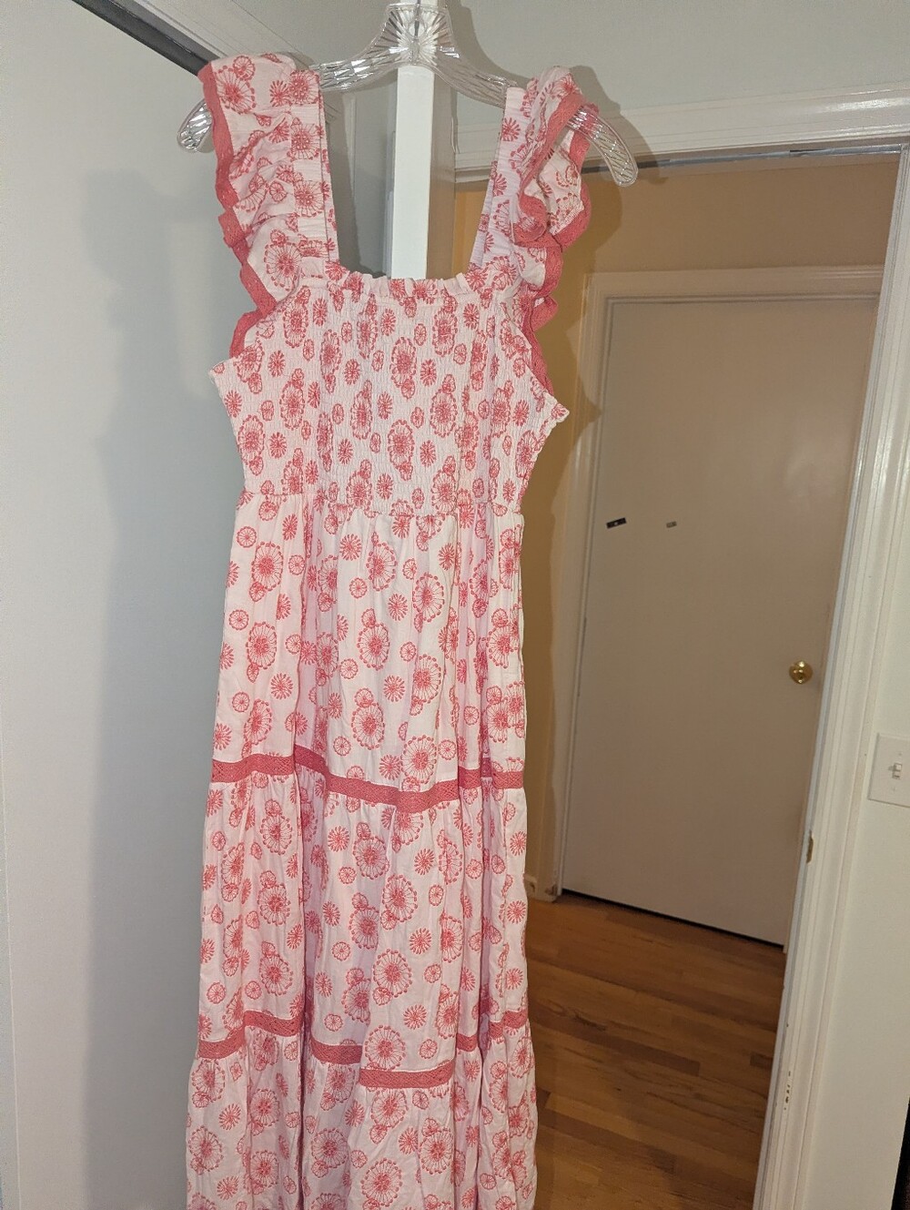 Sail To Sable - Blush & Coral Eyelet Flutter Sleeve Smocked Midi Dress - L, EUC - Picture 5 of 7